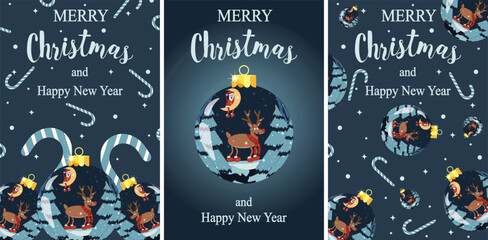 Naklejka na ściany i meble Set Christmas card cartoon design with beautiful Christmas ball in blue color. Collection template Xmas poster with reindeer. Xmas Card, poster, banner cover. Vector illustration.