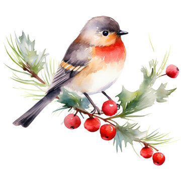 Watercolor Christmas bird on a branch isolated clipart