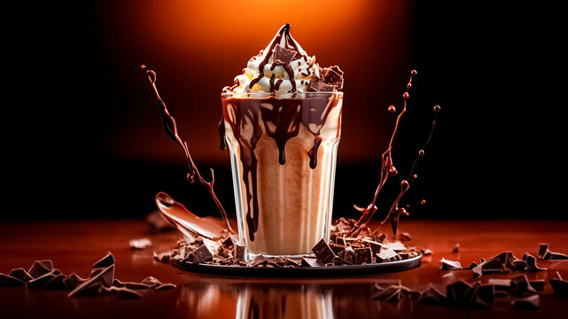 Chocolate milkshake with whipped cream and chocolate shavings.
