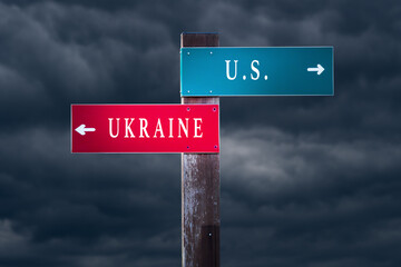 UKRAINE vs U.S. Middle East conflict concept. Direction signs pointing to different sides.