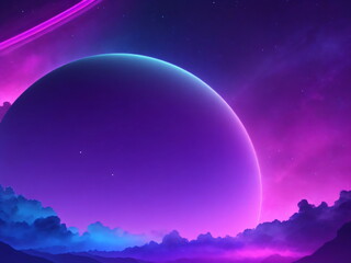 Fototapeta na wymiar Backdrop, gradient colors navy blue purple pink, glowy edges like neon light, galaxy background, Huge purple moon in the background