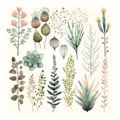 cute plants collection on white background with margins watercolor soft boho colors  - obrazy, fototapety, plakaty
