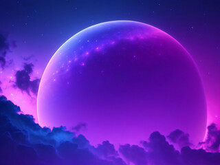 Naklejka na ściany i meble Backdrop, gradient colors navy blue purple pink, glowy edges like neon light, galaxy background, Huge purple moon in the background