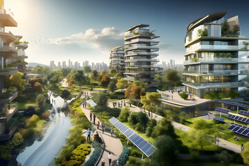 Obraz premium Urban Oasis: Buildings Enveloped in Greenery
