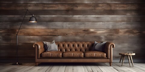 Abandoned elegance Stock Photos and Images Dark Living Room With A Brown Leather Couch On The Front Wall Background  Decaying Grace A Dark Living Room with a Leather Sofa Ai Generative

