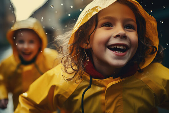 Children wearing raincoats have fun playing in the rain