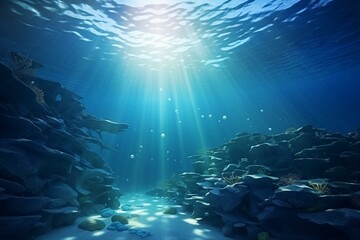 Fototapeta na wymiar Illustration of underwater sea with rays of light and 3D rendering. Generative AI