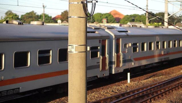 Trains at Yogyakarta or Tugu stations, trains pass slowly. Yogyakarta, Indonesia 