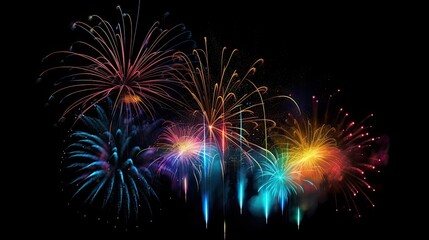 Multicolor fireworks explosion in night sky. Black background.