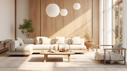 Modern interior japandi style design livingroom. Lighting and sunny scandinavian apartment with plaster and wood. 3d render illustration