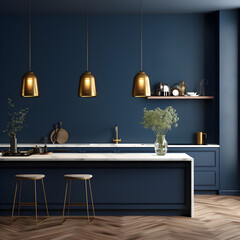 modern kitchen interior navy blue background