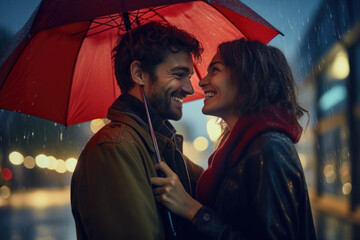 Couple holding a large umbrella in the rain