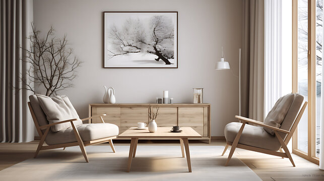 Modern interior japandi style design livingroom. Lighting and sunny scandinavian apartment with plaster and wood. 3d render illustration
