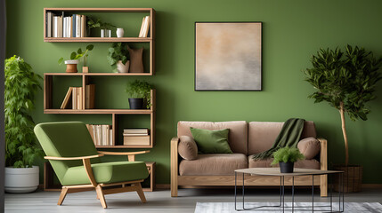 Wooden and green living room interior with shelves and poster