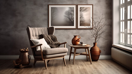 Wing chair near rustic wooden coffee table. Interior design of scandinavian living room with frames