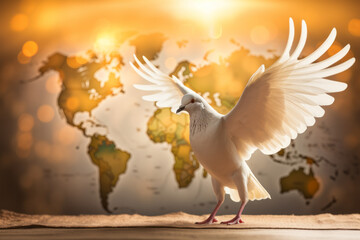 White dove with map of the world. International day of peace