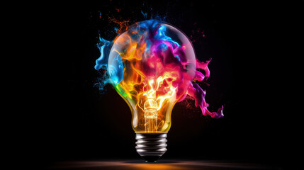 A creative light bulb exploding with colorful paint and splashes on a black background. Concept for thinking differently and creative ideas.