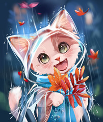 A cat in a raincoat in the rain holding leaves and smiling