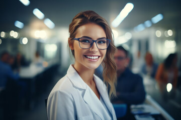 Fototapeta premium Half body view of beautiful female scientist standing in white coat and glasses in modern medical science laboratory with team of experts in the background.