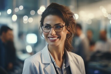 Half body view of beautiful female scientist standing in white coat and glasses in modern medical science laboratory with team of experts in the background. - obrazy, fototapety, plakaty