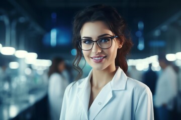 Fototapeta premium Half body view of beautiful female scientist standing in white coat and glasses in modern medical science laboratory with team of experts in the background.