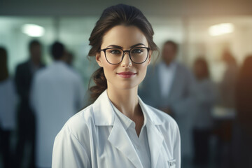 Fototapeta premium Half body view of beautiful female scientist standing in white coat and glasses in modern medical science laboratory with team of experts in the background.