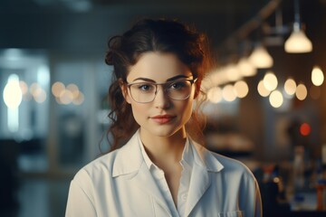 Fototapeta premium Half body view of beautiful female scientist standing in white coat and glasses in modern medical science laboratory with team of experts in the background.