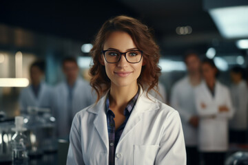 Half body view of beautiful female scientist standing in white coat and glasses in modern medical science laboratory with team of experts in the background.