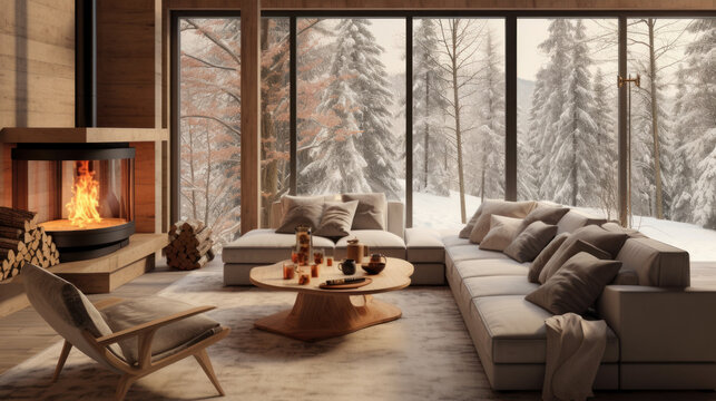 Fototapeta Interior of a modern chalet in the mountains with a fireplace and firewood. Winter forest outside the window.