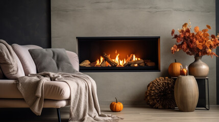 Fototapeta premium Vase with dried flowers and spikelets, pumpkins and candles. Autumn interior of a country chalet for Thanksgiving.