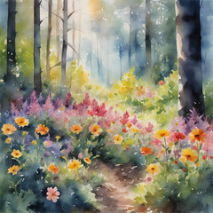 colorful flowers blooming in the sun-filled forest, watercolor painting
