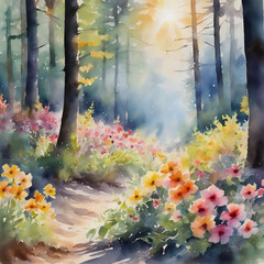 Obraz na płótnie Canvas colorful flowers blooming in the sun-filled forest, watercolor painting 