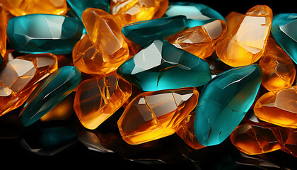 Amber stones with green gems. 