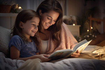 mother reads a story to her child on the bed - obrazy, fototapety, plakaty
