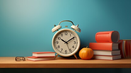 Ready for school concept background with books, alarm clock and accessory 3D Rendering, 3D Illustration