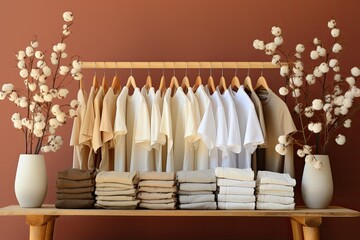 Choice of fashion natural cotton shirt of different colors on wooden hangers on brown background. Reduce Reuse Recycle concept. Horizontal photo. - Powered by Adobe