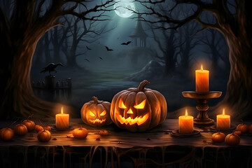 Spooky ambient, Halloween graveyard with pumpkins and moonlight. AI Generated.