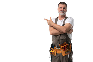 portrait of mature happy handyman presenting something isolated on transparent background