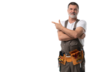 portrait of mature happy handyman presenting something isolated on transparent background