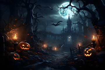 Fototapeta na wymiar Spooky ambient, Halloween graveyard with pumpkins and moonlight. AI Generated.