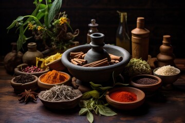 Fototapeta na wymiar spices and herbs from above. Ayurveda ingredients natural remedies.