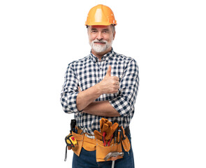 portrait of mature happy handyman showing thumb up, isolated on transparent background - 660411726