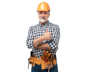 portrait of mature happy handyman showing thumb up, isolated on transparent background