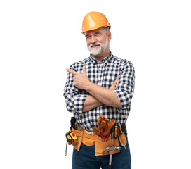 portrait of mature happy handyman presenting something isolated on transparent background - 660411729