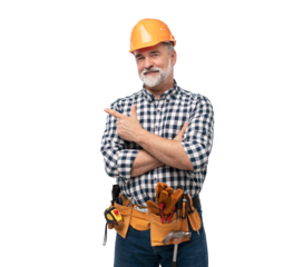 portrait of mature happy handyman presenting something isolated on transparent background