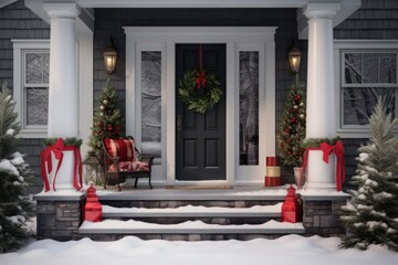 Fototapeta premium Classic christmas decorations on the door and front porch of suburban house with snow