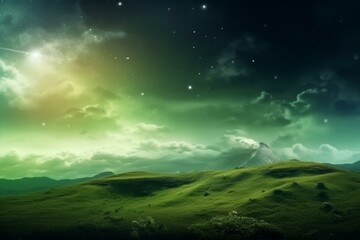 Scenic landscape with captivating natural phenomena. Captivating view with an enchanting green sky backdrop and space for text. Generative AI - obrazy, fototapety, plakaty