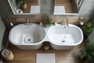 Overhead view of trendy bathroom with bath and dual washbasin. Generative AI