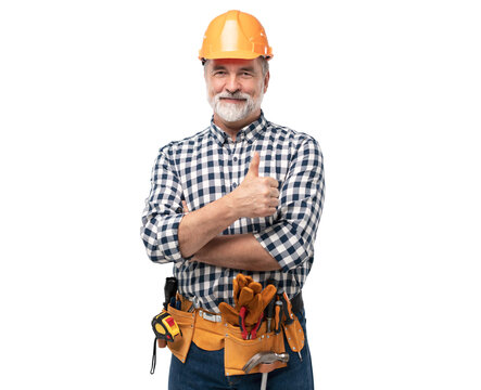 portrait of mature happy handyman showing thumb up, isolated on transparent background