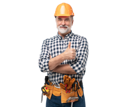 portrait of mature happy handyman showing thumb up, isolated on transparent background - Powered by Adobe